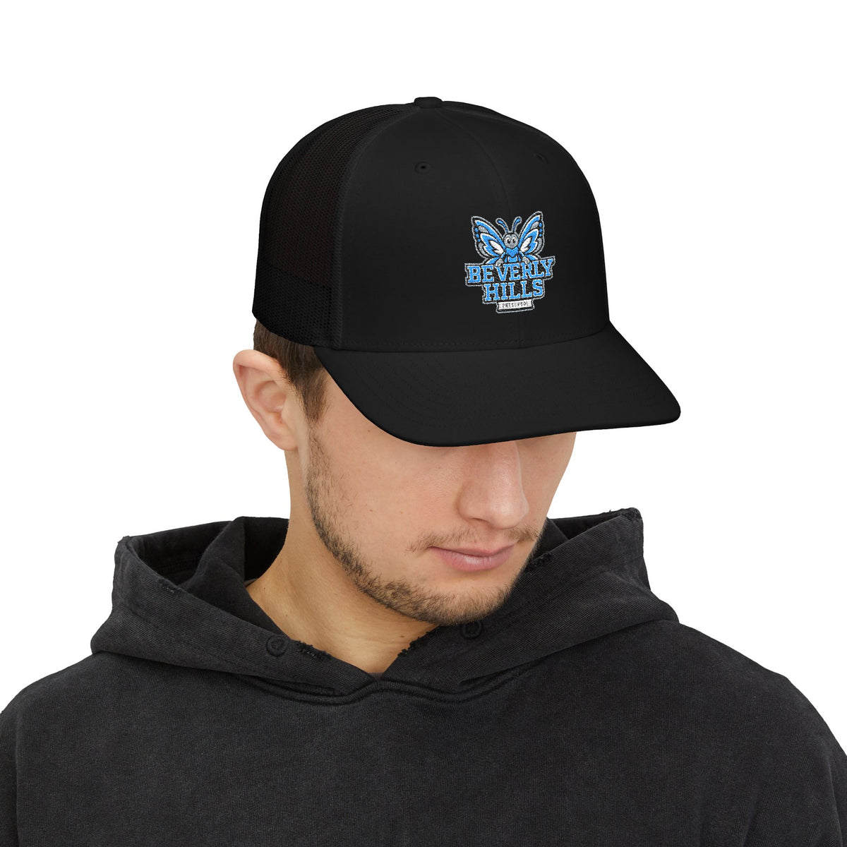 Embroidered Blue Butterfly Trucker Cap