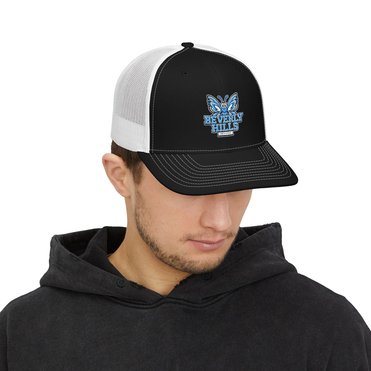 Embroidered Blue Butterfly Trucker Cap